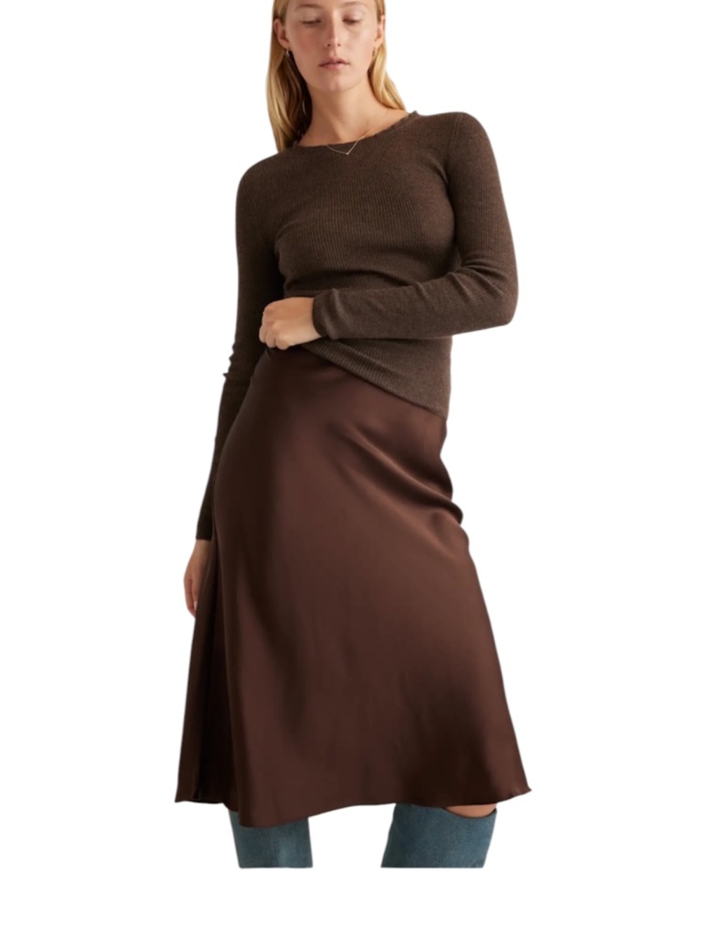 Quince 100% Washable Silk Midi Skirt Hot Fudge Brown Sz. S 90s Grunge Clean Girl